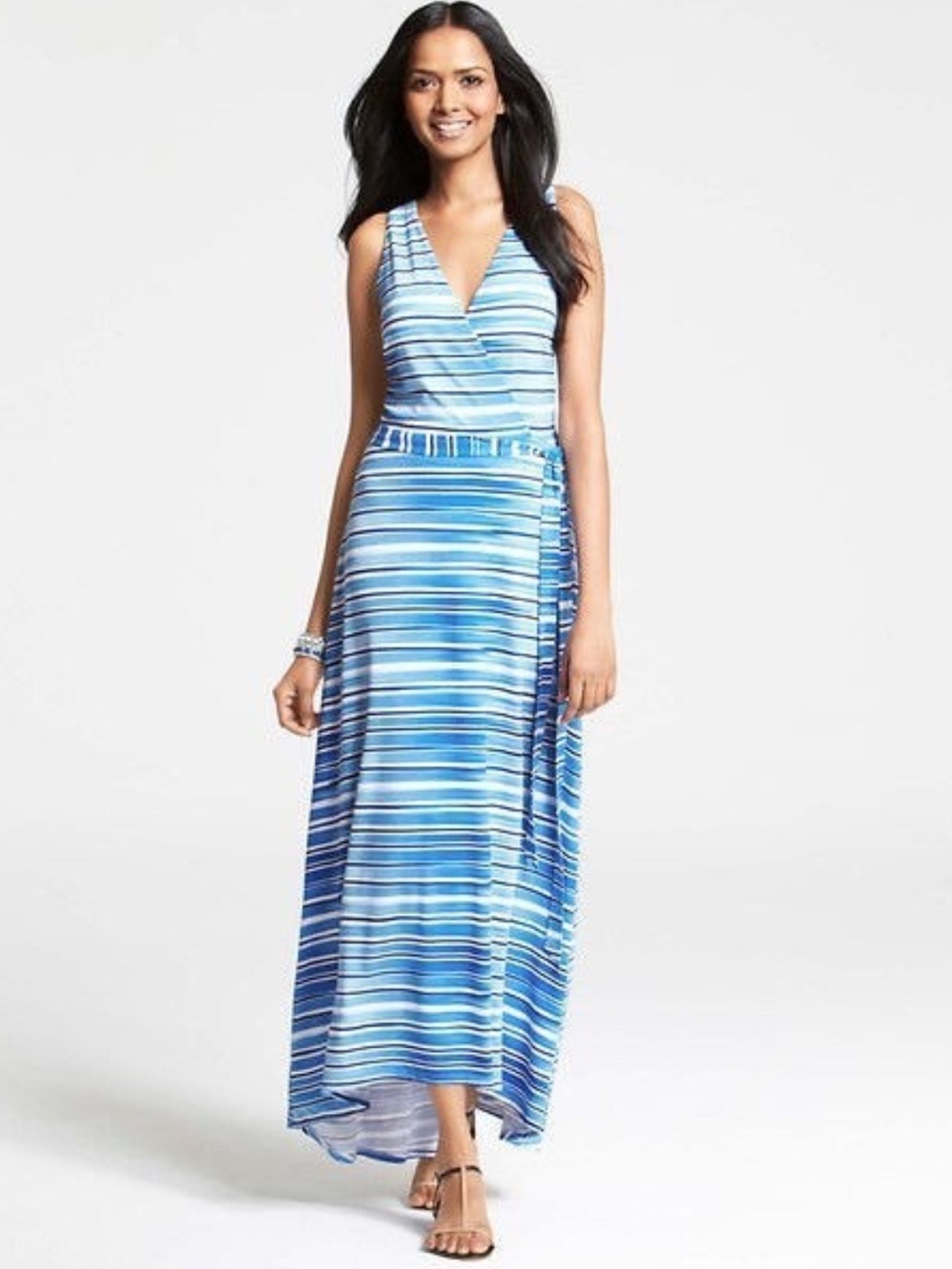 NEW Ann Taylor Aquastripe Crossover Maxi Dress Surplice V Neck Coastal  Small
